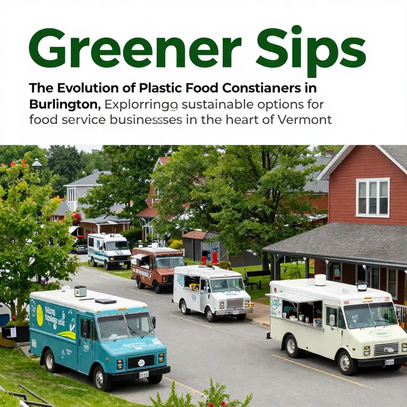 A vibrant scene of Burlington showcasing food trucks and cafes focused on sustainable practices.