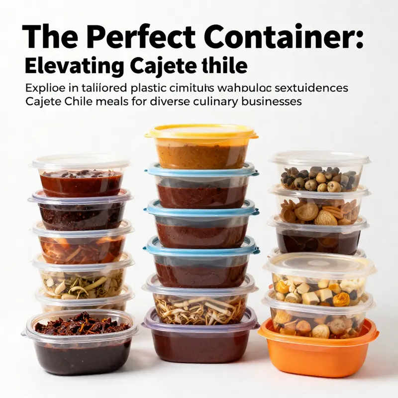 Artistic arrangement of colorful plastic containers designed for serving Cajete Chile and other foods.