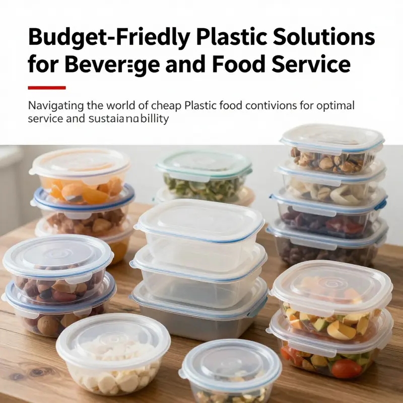An assortment of cheap plastic food containers showcasing different shapes and sizes for food service applications.