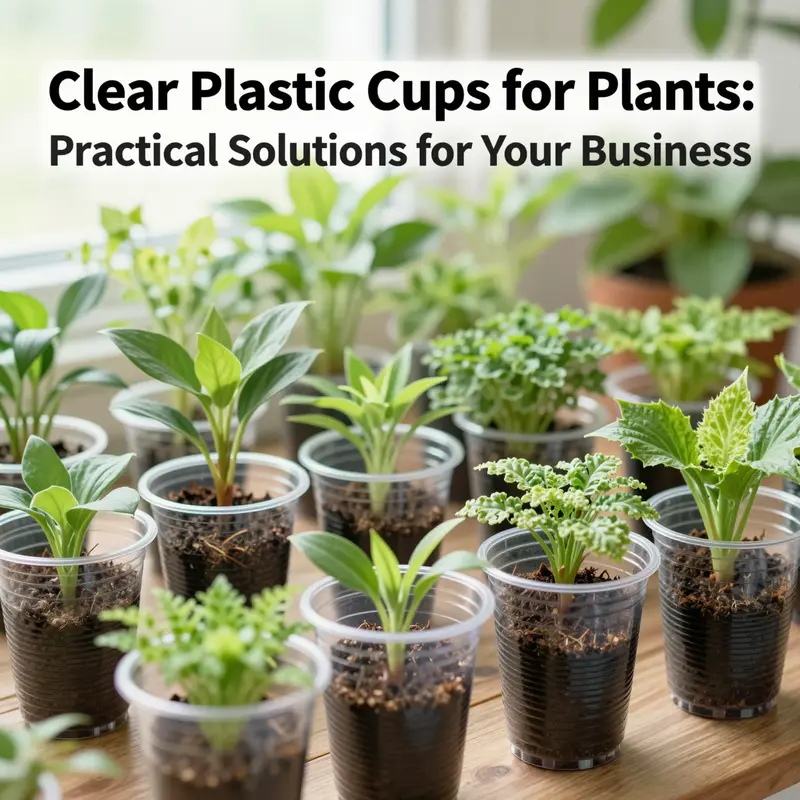 A beautiful collection of clear plastic cups, each containing a thriving plant, highlighting their use in gardening.