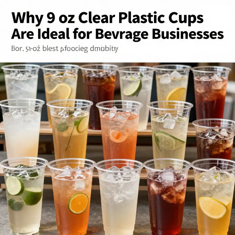 Collage of various 9 oz clear plastic cups with colorful beverages showcasing their utility in events and catering.