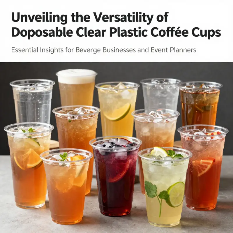 A collection of disposable clear plastic coffee cups filled with different beverages, emphasizing their versatility and consumer appeal.