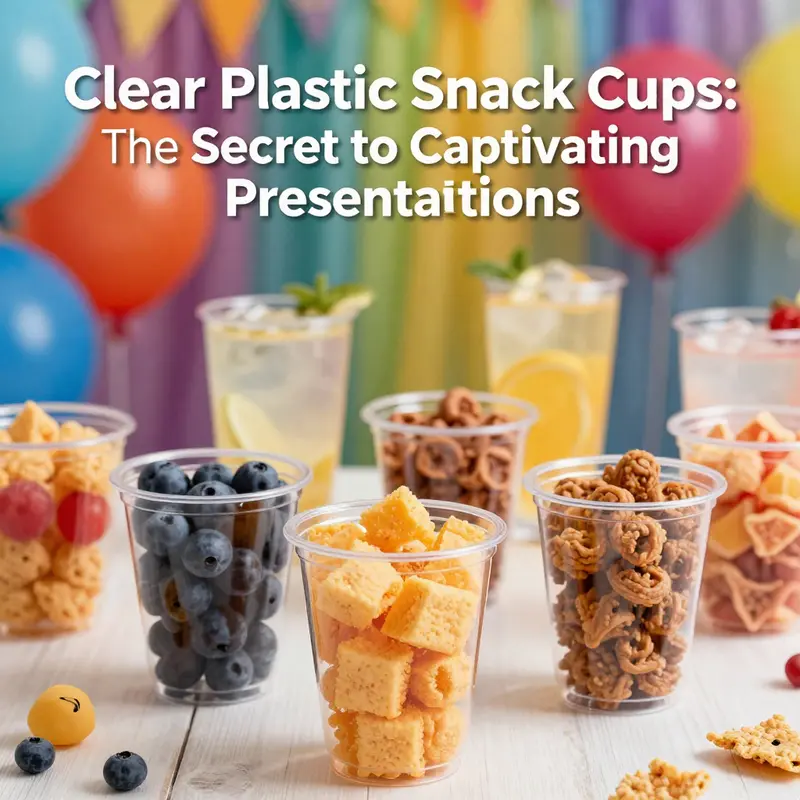 A vibrant display of clear plastic snack cups brimming with colorful snacks and beverages, emphasizing their visual appeal.