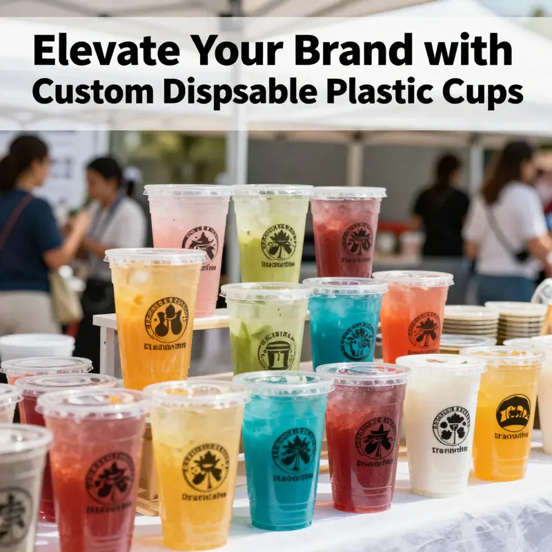 A colorful compilation of custom disposable plastic cups used at an outdoor event, highlighting their branding potential.