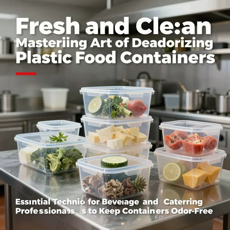 A well-organized commercial kitchen with clean containers and cleaning supplies, emphasizing hygiene in food handling.