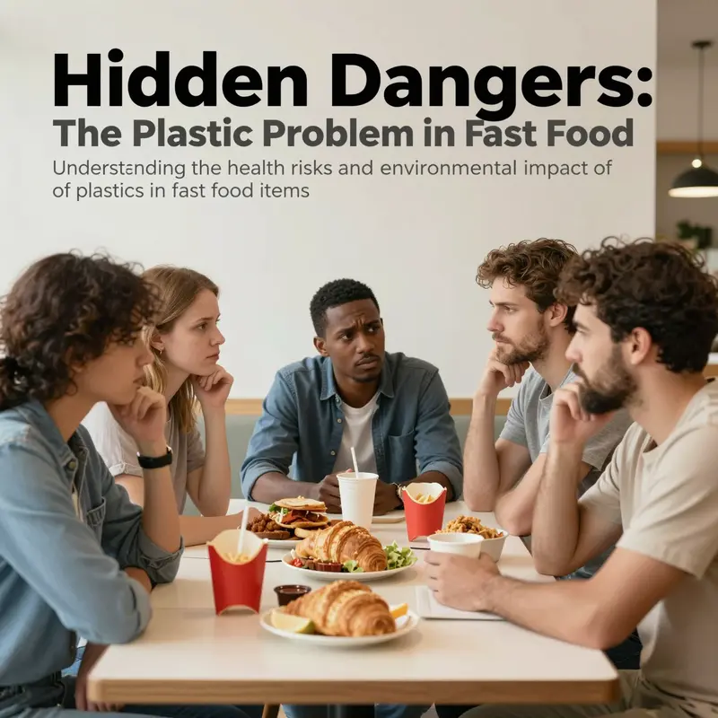 A group of individuals around a table with fast food, engaged in conversation about plastics and health concerns.