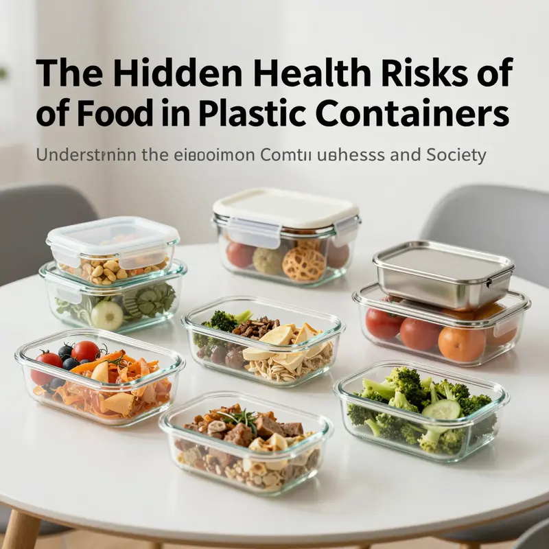 A variety of foods displayed in glass and stainless steel containers, emphasizing safety and health.