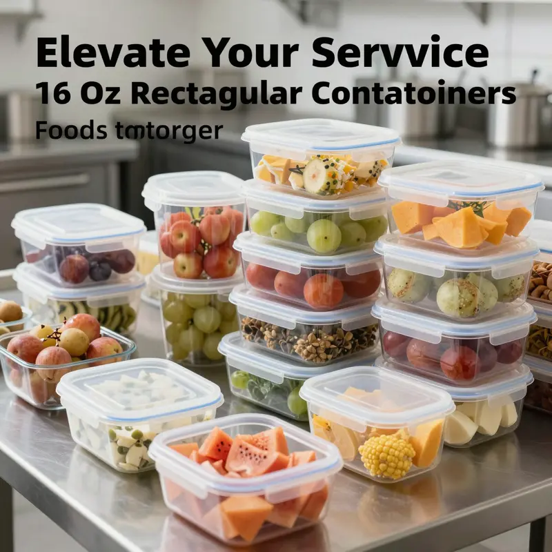 Organized 16 oz rectangular plastic food storage containers filled with assorted colorful ingredients in a commercial kitchen.