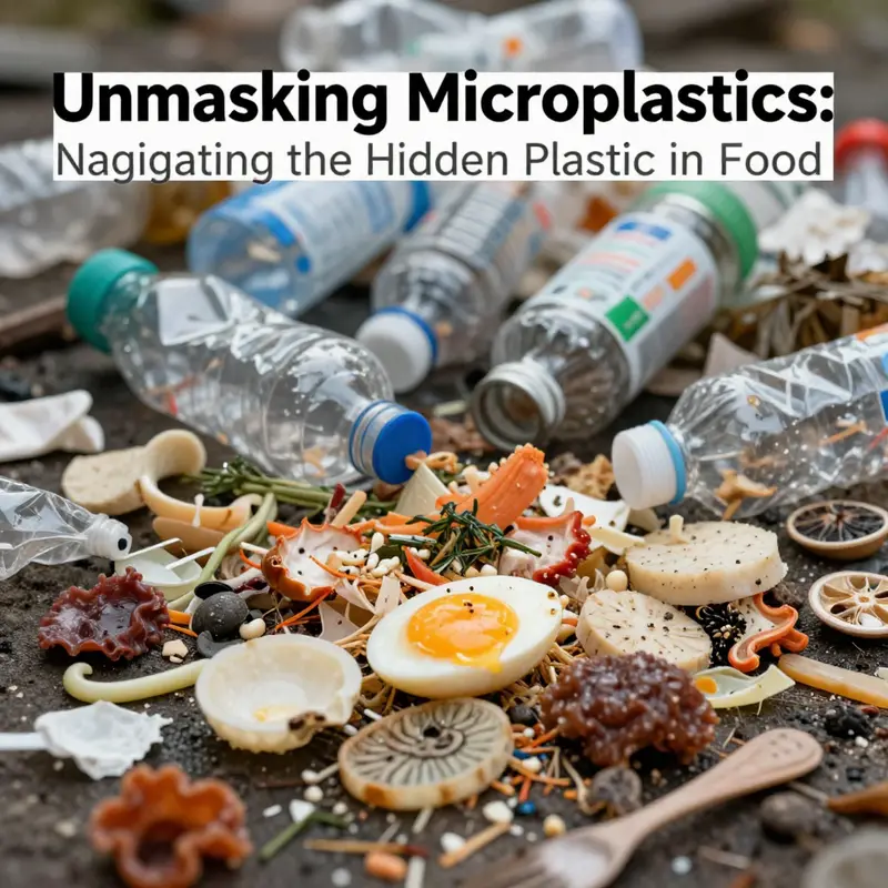 Visual representation of the connection between food and microplastics, showcasing contaminated items juxtaposed with plastic waste.