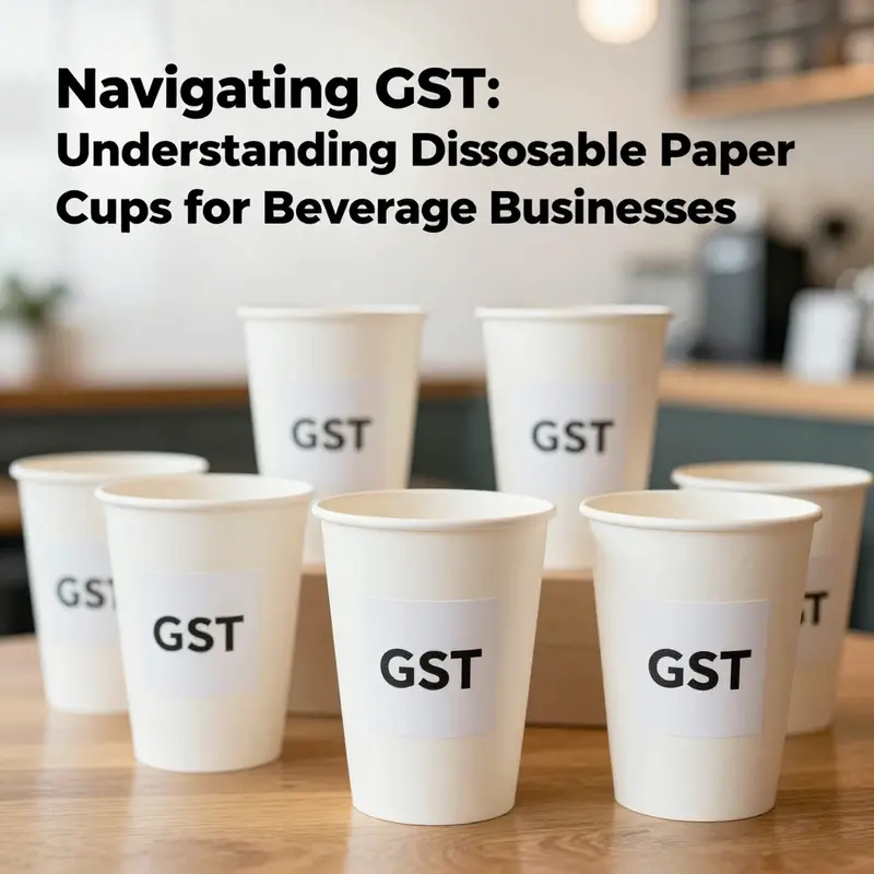 Cover image depicting disposable paper cups with GST tags in a café setting.