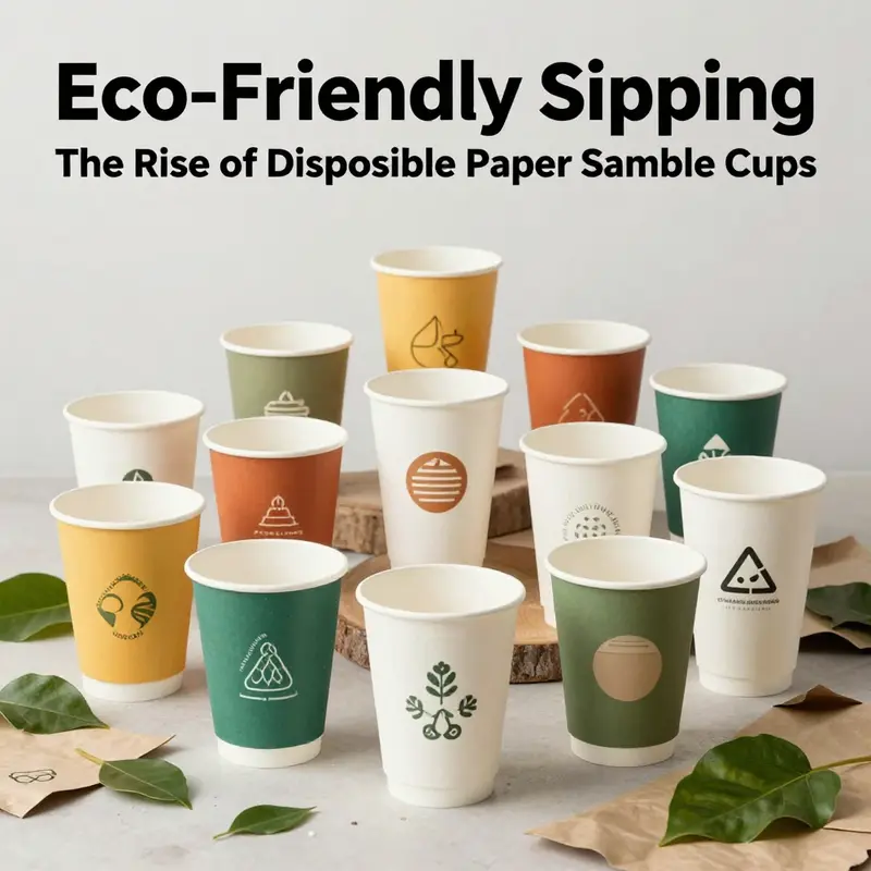 An arrangement of colorful disposable paper sample cups on a table, emphasizing sustainability and attractive design.