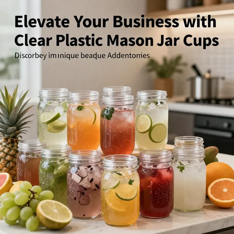 A beautiful arrangement of clear plastic mason jars filled with colorful beverages, set against a lively and modern background.