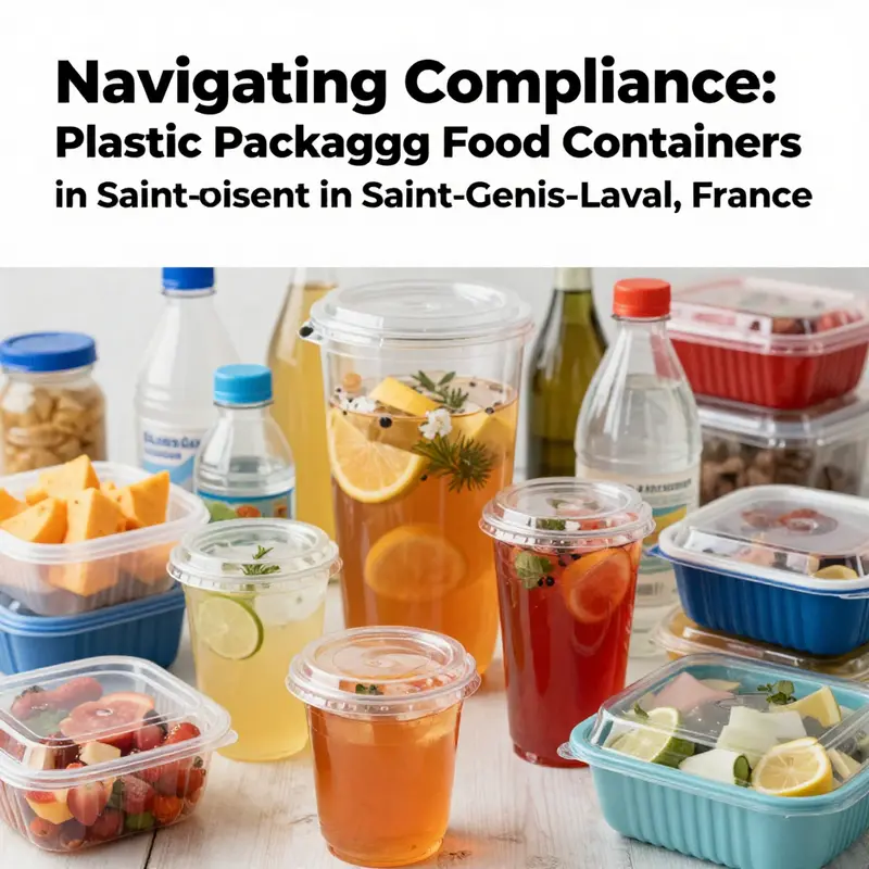A colorful collage highlighting compliant plastic food packaging options for businesses in Saint-Genis-Laval, France.