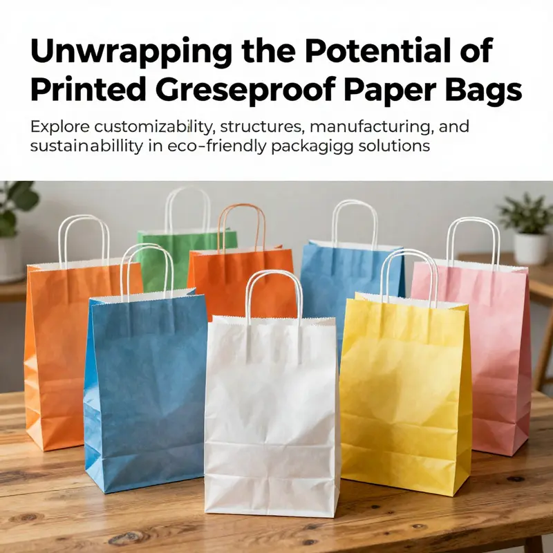 A colorful collection of printed greaseproof paper bags displayed on a tabletop, showcasing their attractive designs.