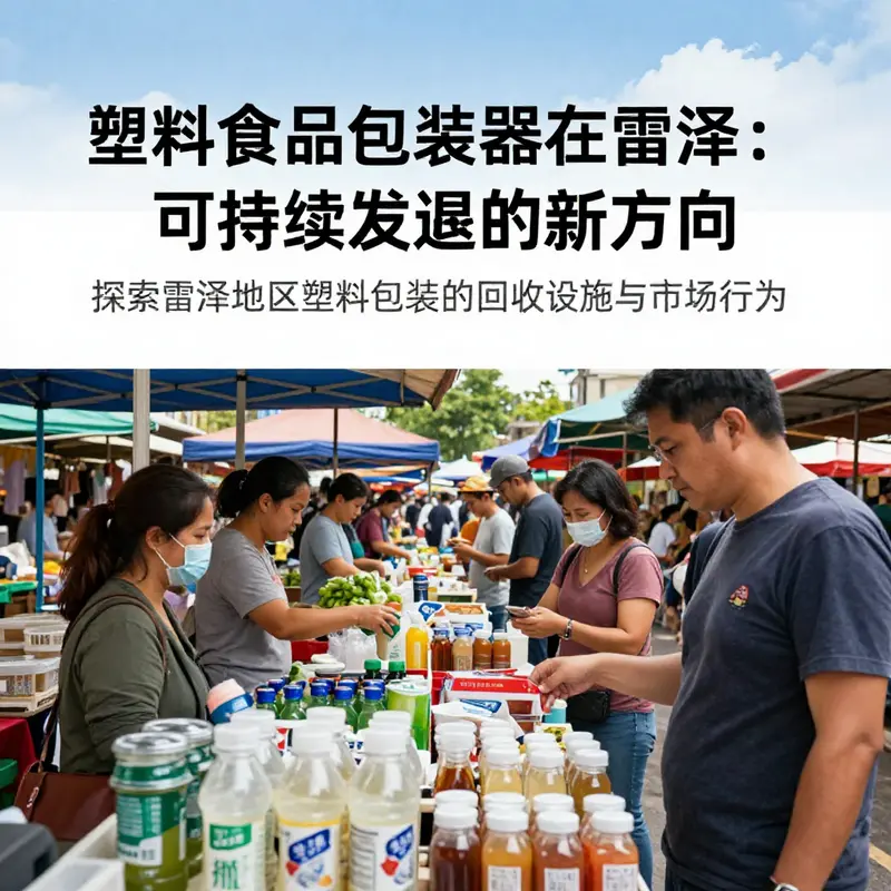 雷泽市场的繁荣景象，消费者手中持有环保塑料包装的饮品，传播可持续消费理念。