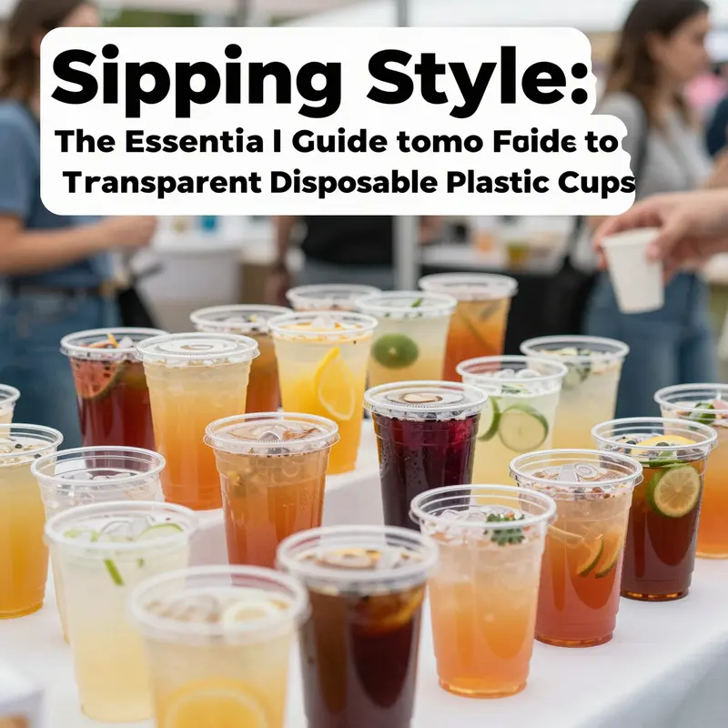 A cheerful setup featuring transparent disposable plastic cups filled with drinks in various colors at a festive outdoor gathering.