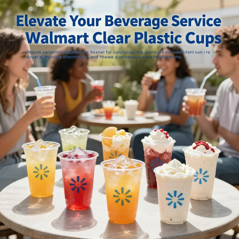 Colorful display of Walmart clear plastic cups with drinks in an outdoor social scene.