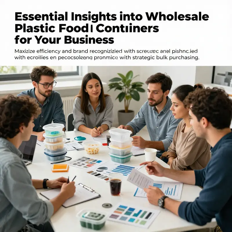 A collaborative team meeting around wholesale food container strategies with charts and product samples.