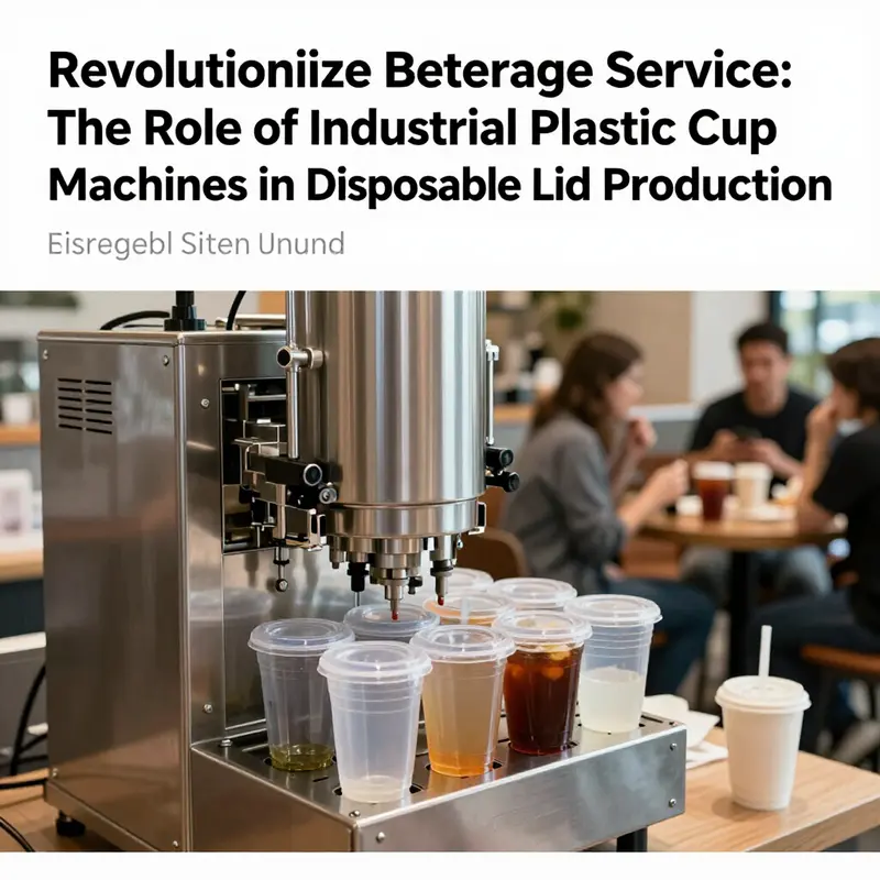 An industrial plastic cup machine in a café, actively producing disposable lids, showcasing the connection between manufacturing and beverage services.