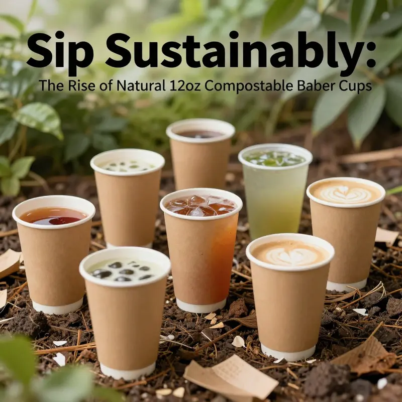 Natural compostable paper cups filled with colorful drinks surrounded by green foliage.