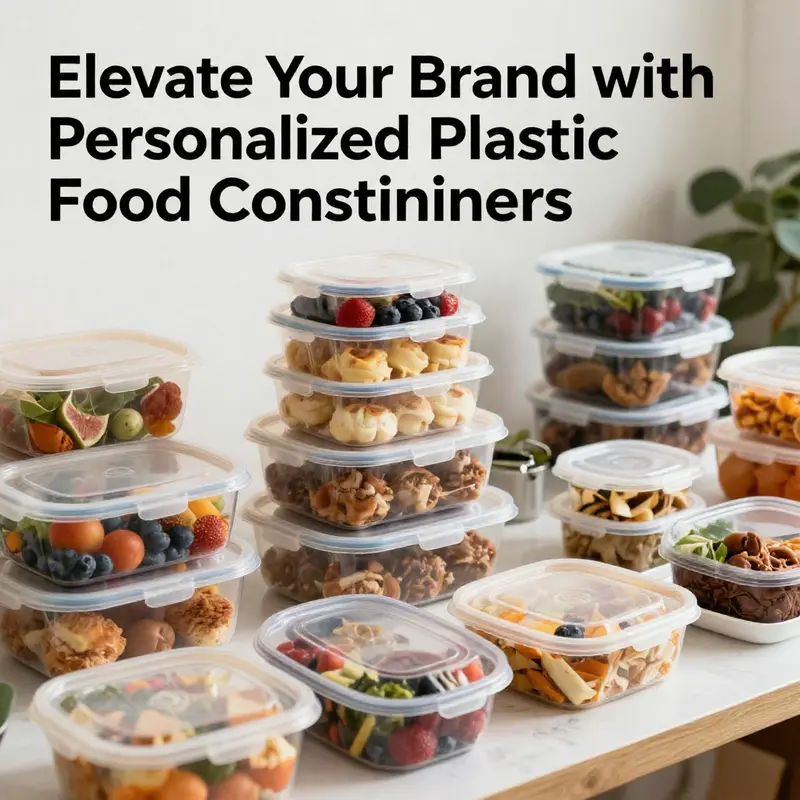 An elegant arrangement of diverse personalized plastic food containers filled with food on a catering table.