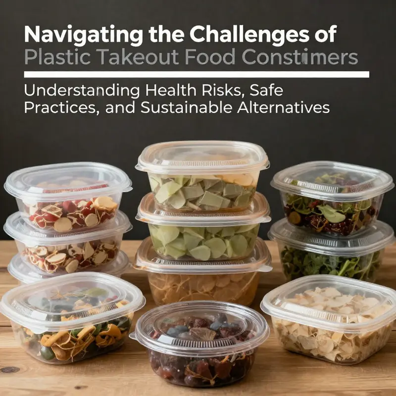 A visual summary displaying plastic takeout containers and eco-friendly alternatives like glass and biodegradable materials.