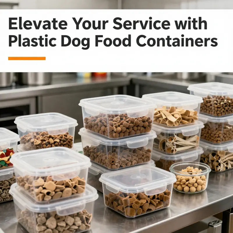 Plastic dog food containers filled with snacks, neatly arranged in a commercial kitchen.