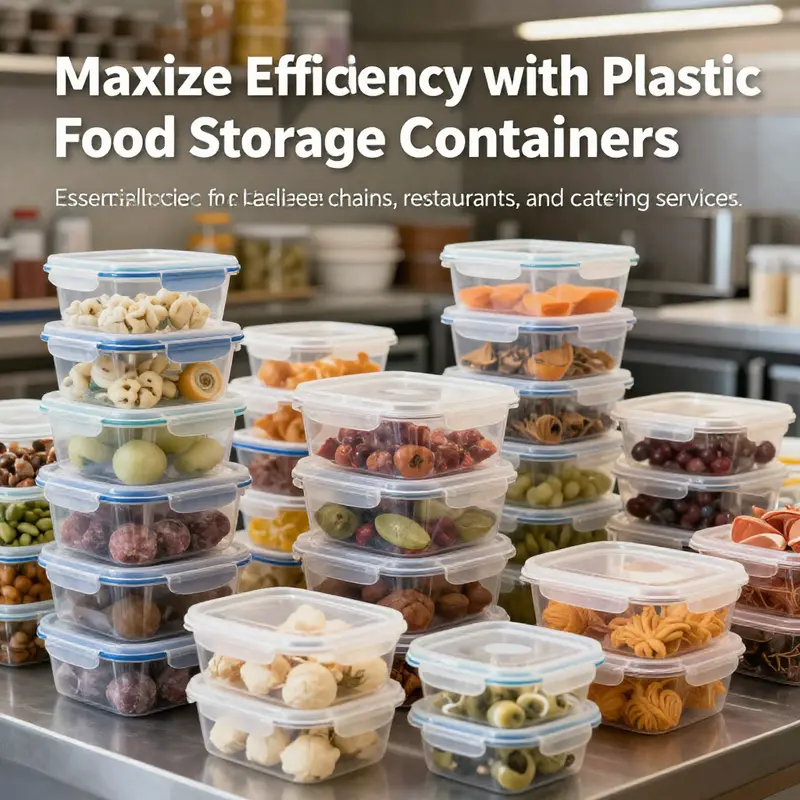 A variety of plastic food storage containers on display in a bustling kitchen environment, demonstrating their importance in food storage.