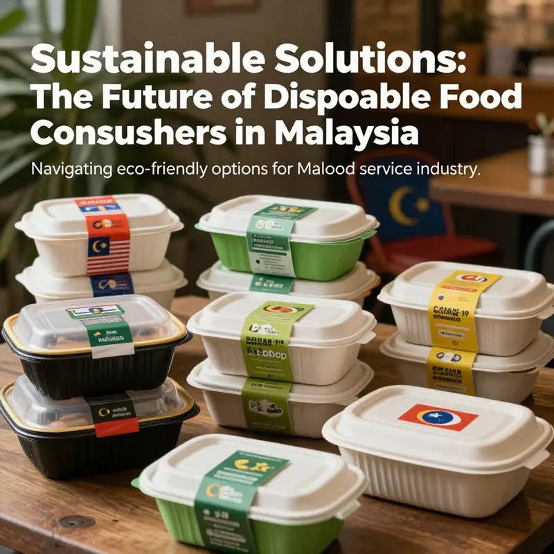 An assortment of eco-friendly disposable food containers in a Malaysian food service context, representing sustainability in action.