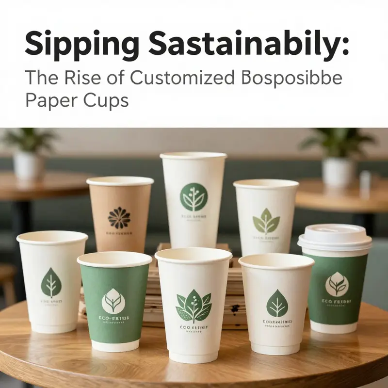 An assortment of vibrant disposable beverage paper cups showcasing eco-friendly designs in a café setting.
