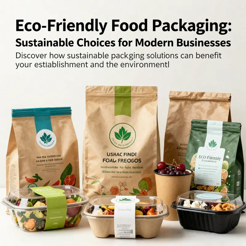 A range of various eco-friendly food packaging items on display, showcasing sustainability in food services.