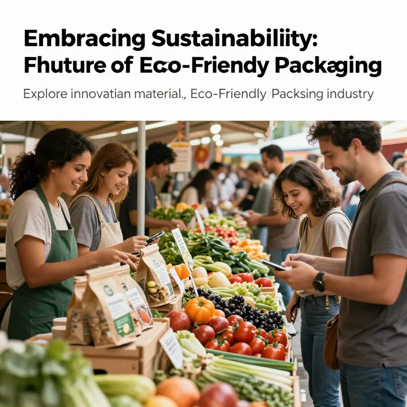 A lively food market exhibiting a range of eco-friendly food packaging used by enthusiastic vendors and customers.
