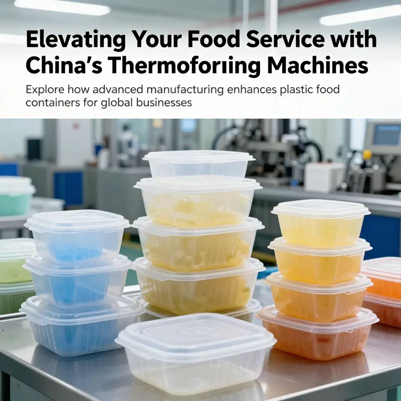 A collection of thermoformed plastic food containers displayed against a manufacturing backdrop.