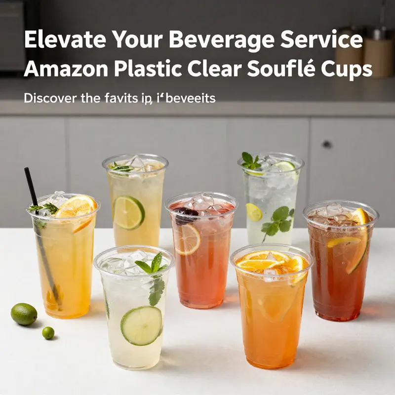 An array of Amazon plastic clear soufflé cups displayed with different food items, illustrating their versatility.