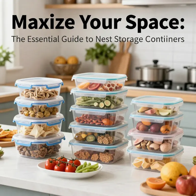 A busy kitchen with food items stored in nest storage plastic food storage containers, emphasizing their functionality and application in food services.