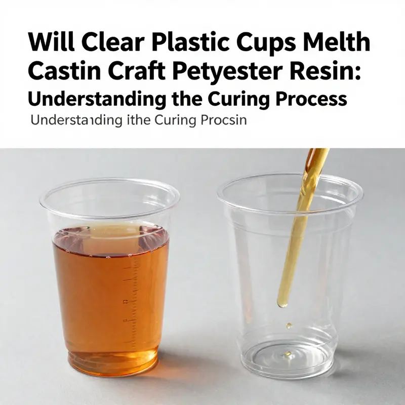 Diagram illustrating the curing process of polyester resin and its effects on clear plastic cups.