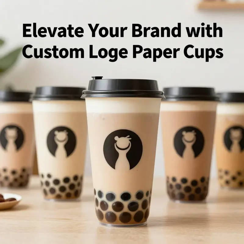 Custom logo paper cups prominently featured in a trendy bubble tea shop, showcasing branding and design.
