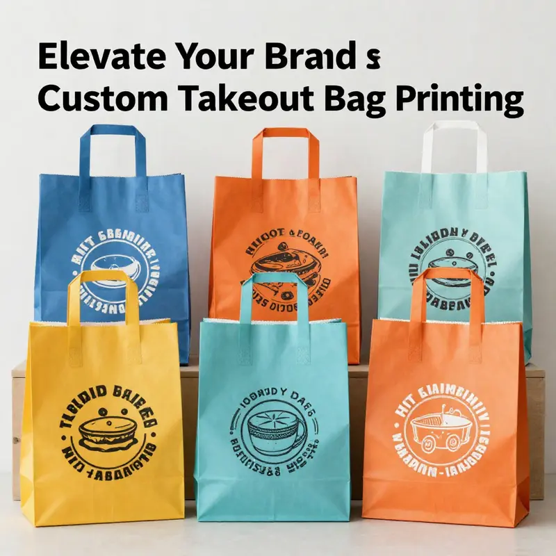 A showcase of custom printed takeout bags illustrating various printing techniques available for businesses.