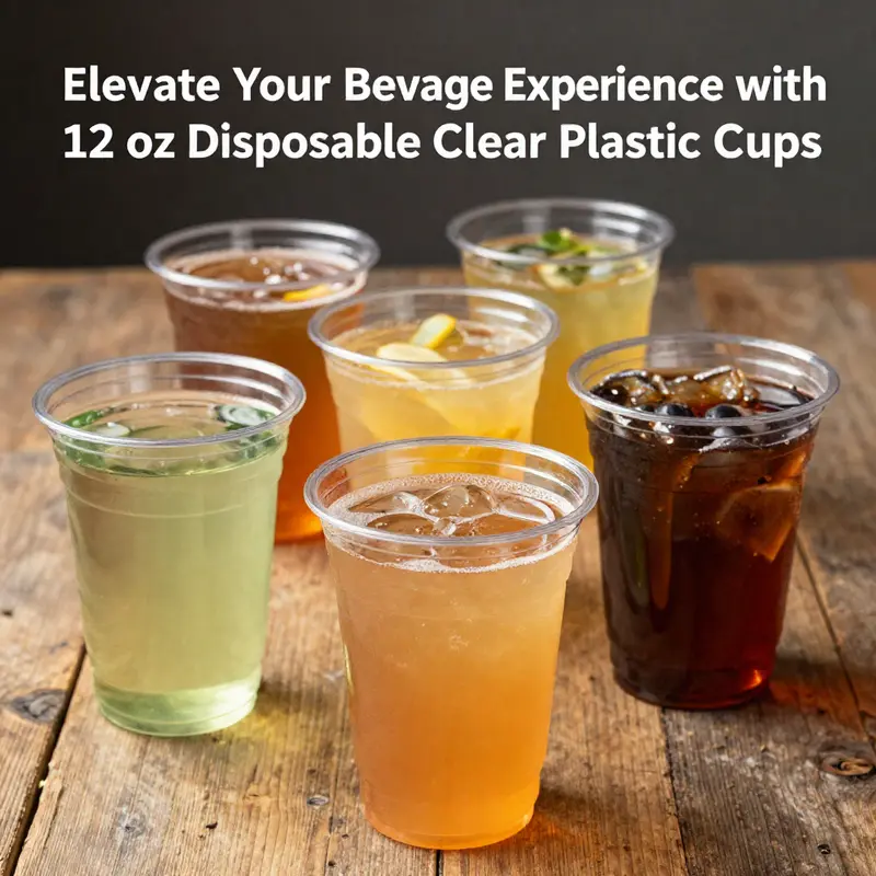 12 oz disposable clear plastic cups showcasing their design features with colorful beverages.