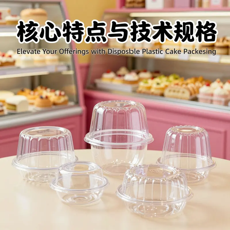 Different designs of disposable plastic cake packaging showcasing diverse styles and materials.
