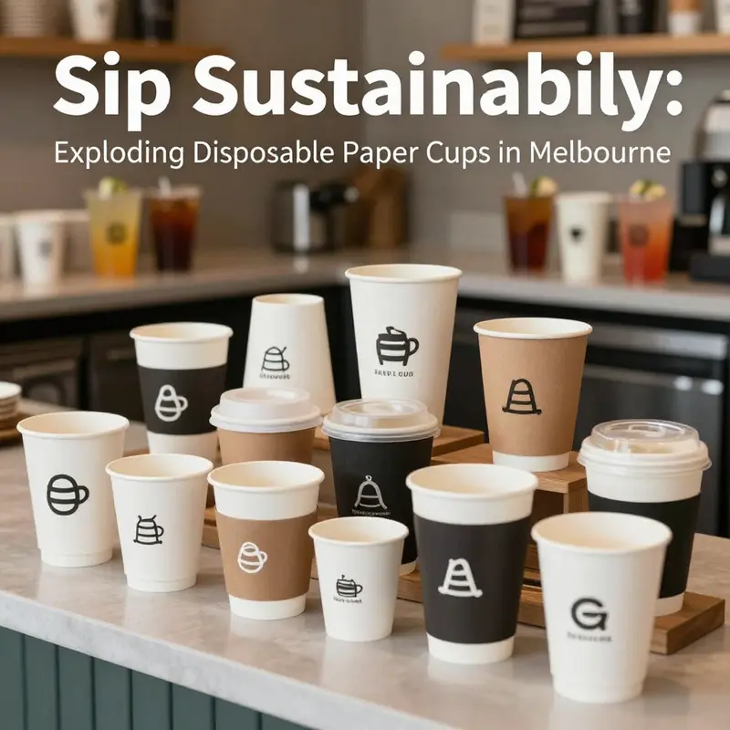 A showcase of various disposable paper cups tailored for hot and cold beverages in Melbourne’s cafés.