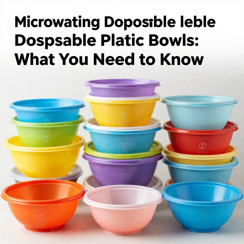 A selection of disposable plastic bowls showing different recycling numbers and microwave-safe labels.