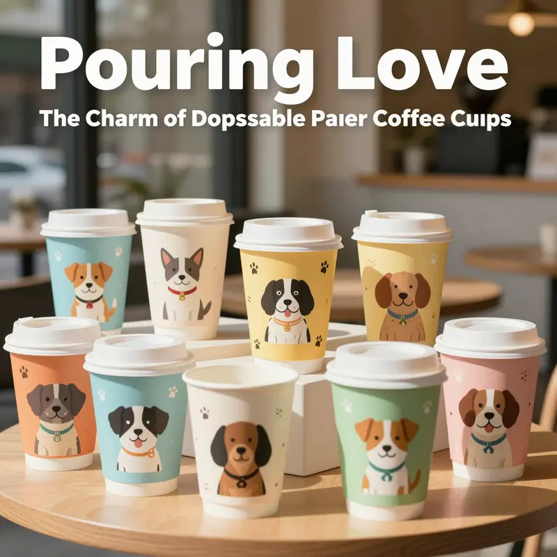 A lively arrangement of dog-themed disposable coffee cups that enhances the cafe atmosphere.