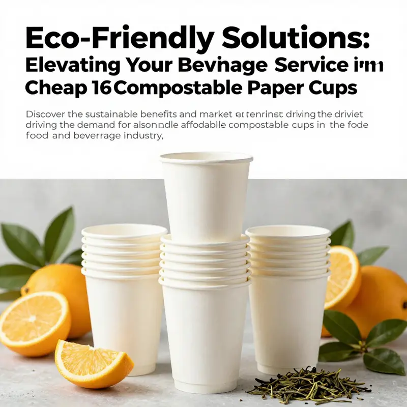 A stack of eco-friendly 16oz compostable paper cups surrounded by fresh ingredients, emphasizing sustainability in the beverage industry.