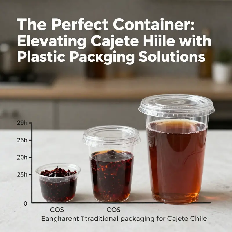 A variety of plastic containers filled with Cajete Chile showcased at a busy fast food location.