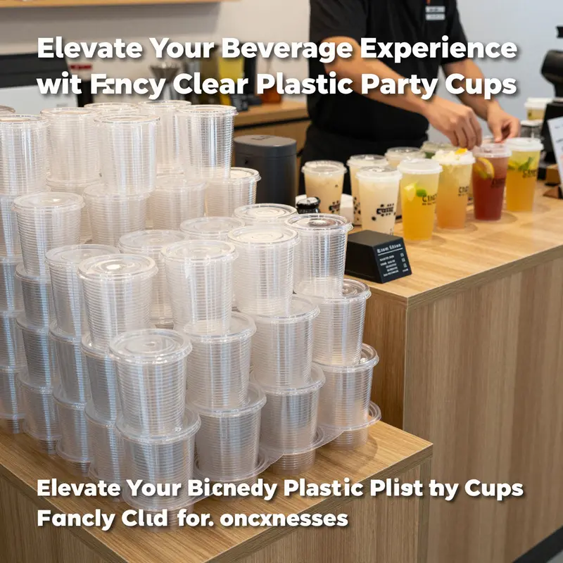 Various designs and sizes of fancy clear plastic party cups enhance presentation and functionality for diverse beverage needs.