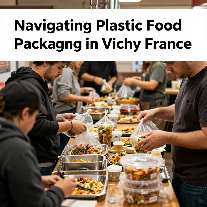 Diverse sustainable plastic food packaging options available in Vichy, France.