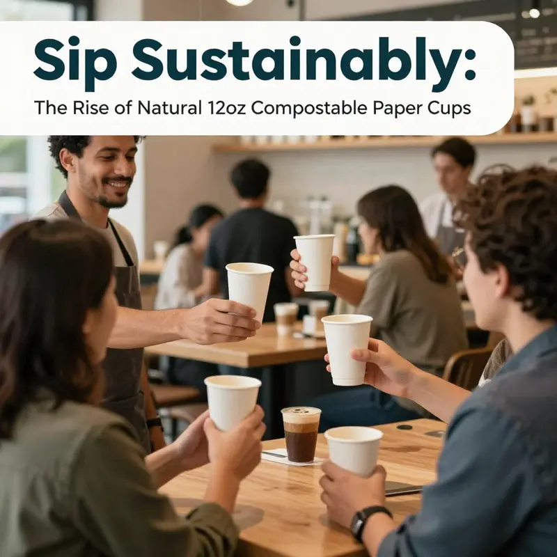 Natural 12oz compostable paper cups displayed outdoors, emphasizing their sustainable design and composting benefits.