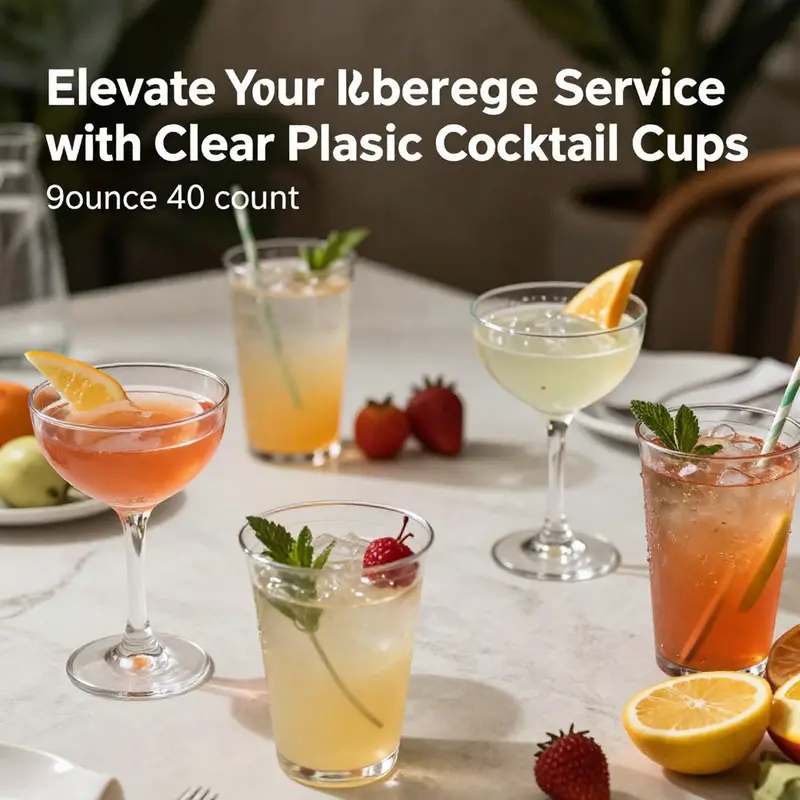 A display of 9 oz clear plastic cocktail cups highlighting their elegance and usability.