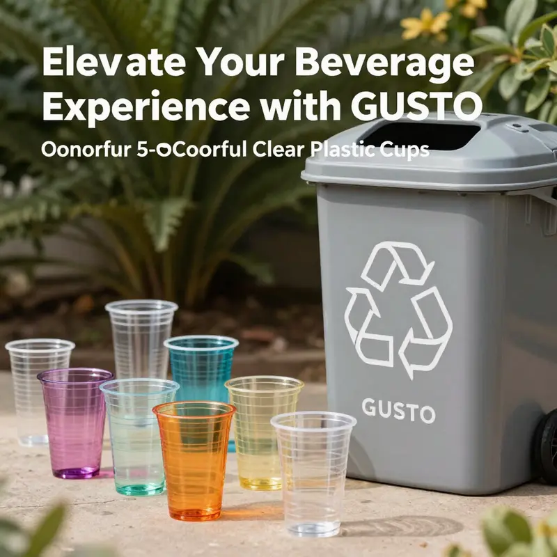 GUSTO 5 oz Colorful Clear Plastic Cups highlighting their crystal-clear design and colorful appeal in a beverage display.